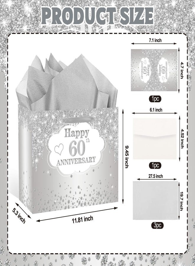 RTMISA 60th Anniversary Themed Gift Bag with Tissue Paper and Greeting Card Silver Wedding Anniversary Paper Gifts Wrapping Bag for Wife Husband Couple, Happy 60 Years Party Decorations Supplies - Image 2
